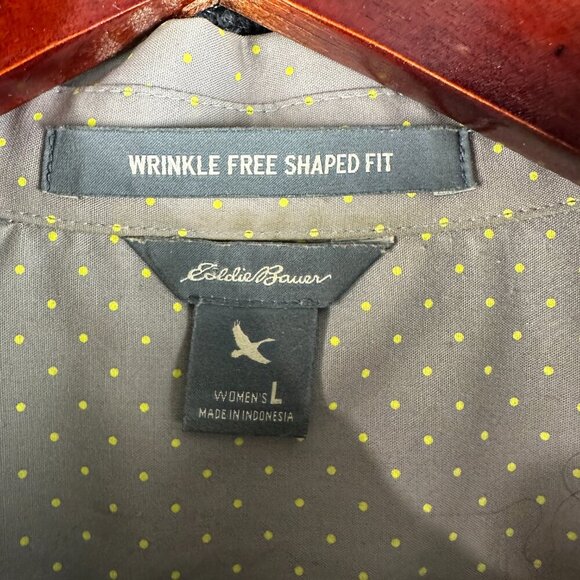 Eddie Bauer Top Womens Large Wrinkle Free Shaped Fit Button Up Gray Polka Dot - Picture 4 of 8